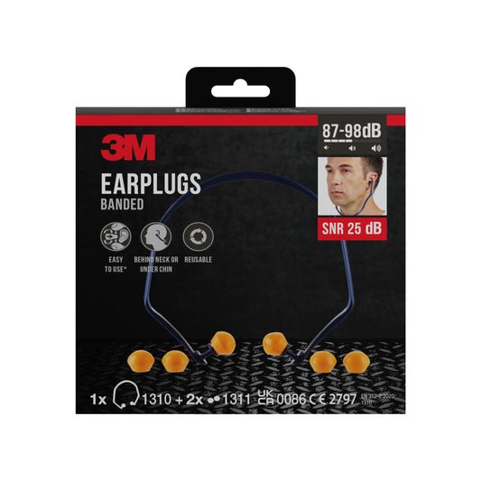 Abgebildet ist eine Packung 3M™ Bügelgehörschutz 1310 mit 2 Paar Ersatzstöpseln. Auf der Packung sind SNR 24-25 dB (je nach Passform), Merkmale von 3M Deutschland GmbH und Symbole für Komfort, Tragen am Hals und Wiederverwendbarkeit angegeben.