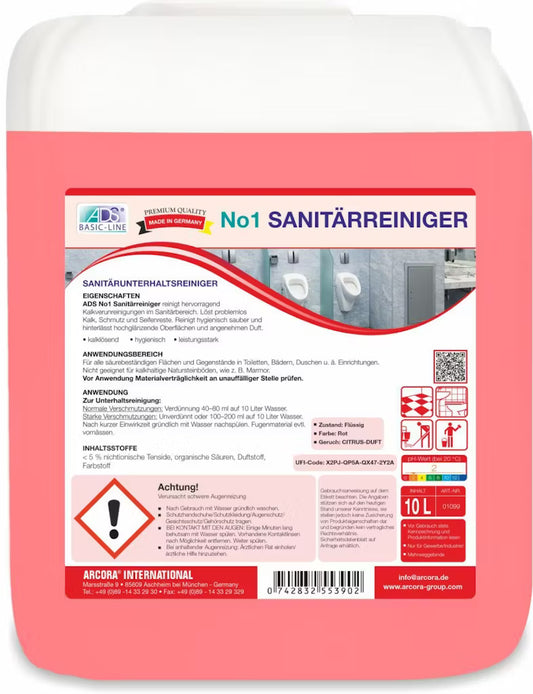 Ein rosafarbener 10-Liter-Behälter mit Arcora No1 Sanitärreiniger Sanitärunterhaltsreiniger der Arcora International GmbH, mit einem Etikett mit Anweisungen, Sicherheitswarnungen, Gefahrensymbolen und Bildern von sauberen Toiletteneinrichtungen.