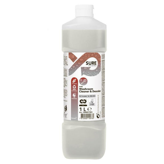 Eine 1-Liter-Kunststoffflasche SURE Washroom Cleaner & Descaler Sanitärreiniger und Entkalker von Diversey Deutschland GmbH & Co. OHG, mit einer weißen Kappe und einem Etikett mit Produktinformationen, Symbolen und schwarzem/rotem Text auf weißem Hintergrund.
