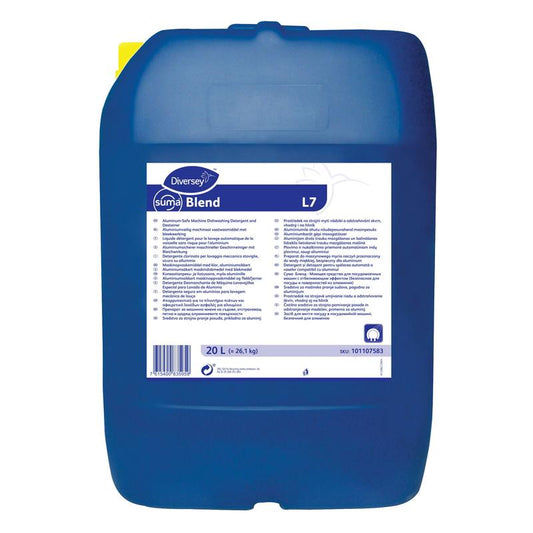 Ein großer blauer 20-Liter-Behälter von Diversey Suma Blend L7 für Weichwasser, aluminiumsicherer Geschirrreiniger, verfügt über einen oberen Griff und ein weißes Frontetikett mit Anweisungen und Produktinformationen.