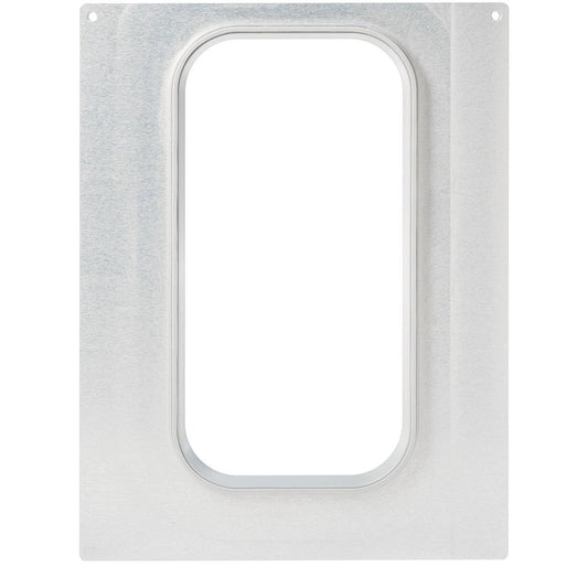 Eine rechteckige Metallplatte der Duni GmbH mit mittigem Rundausschnitt und vier Ecklöchern, ideal als Kassette DF15/25 für CPET Schalen 2400 ml - 1/3 GN Größe für Gastronomie Catering.