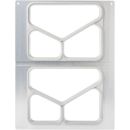 Die Kassette DF15/25 für CPET Schalen der Duni GmbH hat zwei identische rechteckige Abschnitte mit jeweils drei abgerundeten Fächern, 525 ml Fassungsvermögen und einer silbernen, glatten Oberfläche - ideal für den Einsatz in der Gastronomie und kompatibel mit CPET Schalen.