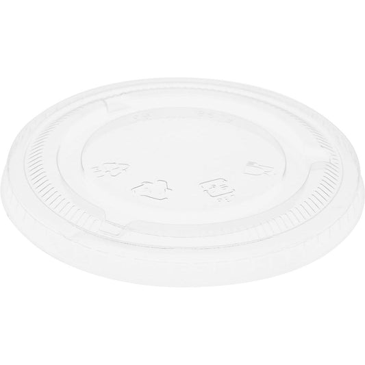 Ein transparenter rPET Flacher Deckel ohne Öffnung von Duni GmbH für 188004-6, mit geprägten Recycling-Symbolen und geriffeltem Rand. Lieferung als Packung mit 50 Stück.