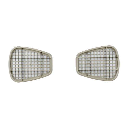 Zwei identische, beigefarbene, gitterförmige Filterabdeckungen aus Kunststoff, die mit der 3M™ Filterpatrone 6059 ABEK1-Kombinationsfilter (1 Paar/Packung) von 3M Deutschland GmbH kompatibel sind, sind nebeneinander vor einem weißen Hintergrund platziert.