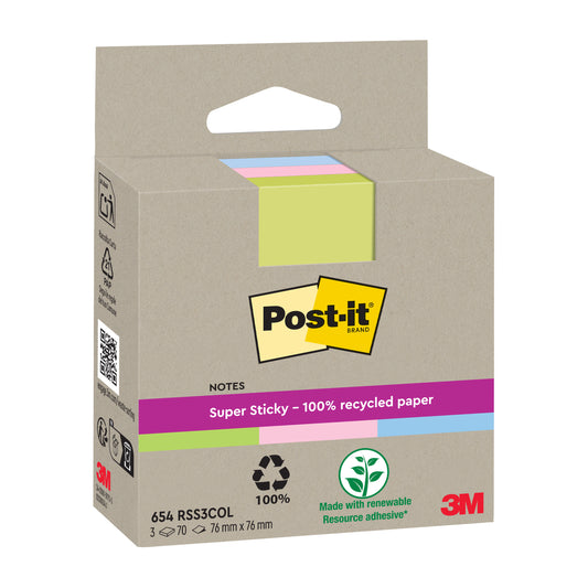 Eine Packung Post-it® Super Sticky 100% Recycling Notes von 3M Deutschland GmbH, Größe 76 mm x 76 mm, enthält drei Farben und Recycling-Symbole. Jede Packung enthält 70 Blatt pro Block, die alle aus PEFC-zertifiziertem Recyclingpapier hergestellt sind.
