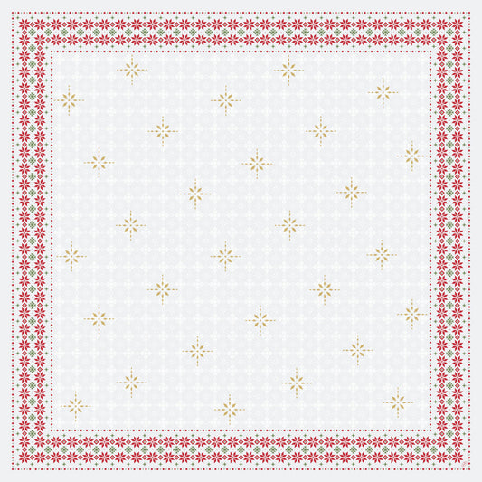 Die Dunicel-Mitteldecke 84x84cm Tradition von Duni GmbH hat einen weißen Hintergrund mit goldenen Sternen und roten Blumenborten - eine ideale, dekorative Wahl für festliche Anlässe. Die Packung enthält 20 Stück.