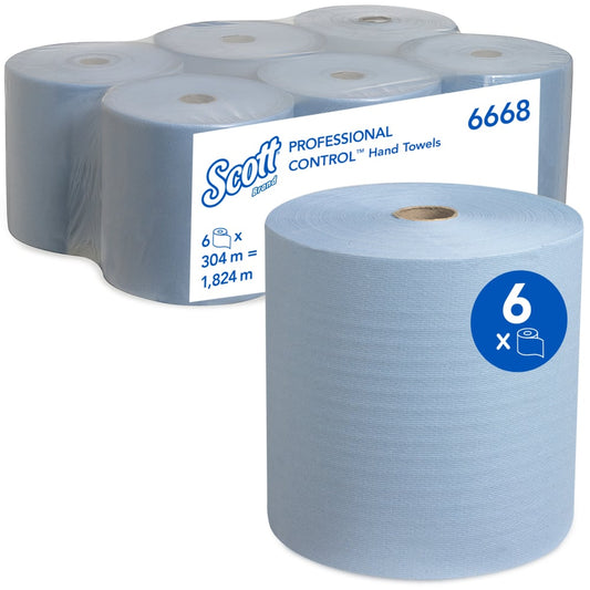 Abgebildet ist ein Sechserpack blauer Scott® Handtücher - Rolle von Kimberly-Clark GmbH; eine Rolle vorne, der Rest verpackt. Jede Rolle ist 304 m x 19,8 cm groß, also insgesamt 1.824 m professionelle nachhaltige Papierhandtücher.