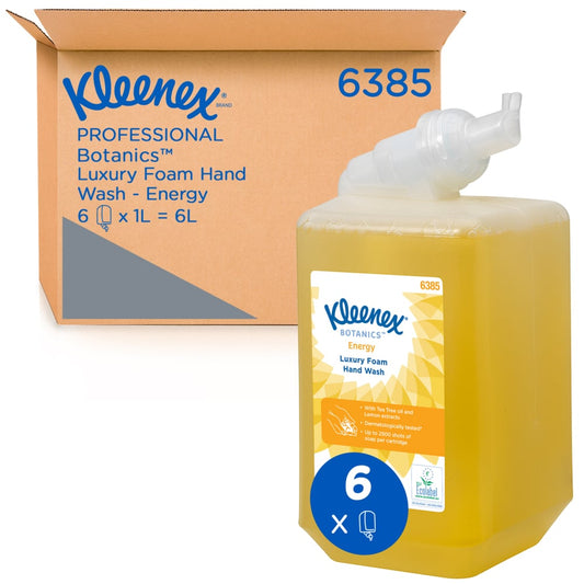 Eine große Schachtel der Kimberly-Clark GmbH mit der Aufschrift "Kleenex Botanics Luxury Foam Hand Wash" enthält 6 gelbe 1L-Kassetten (insgesamt 6L) von luxuriöser Handseife mit natürlichen Inhaltsstoffen. Gekennzeichnet als Auslaufartikel.
