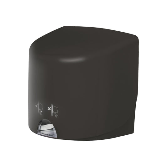 Ein grauer Aquarius™ Wischtuch-Spender - Roll Control von Kimberly-Clark GmbH steht vor einem weißen Hintergrund, mit einem kleinen Fenster mit sichtbarem Papierhandtuch und einer einfachen Gebrauchsanweisung auf der Vorderseite, konzipiert für den professionellen Einsatz.