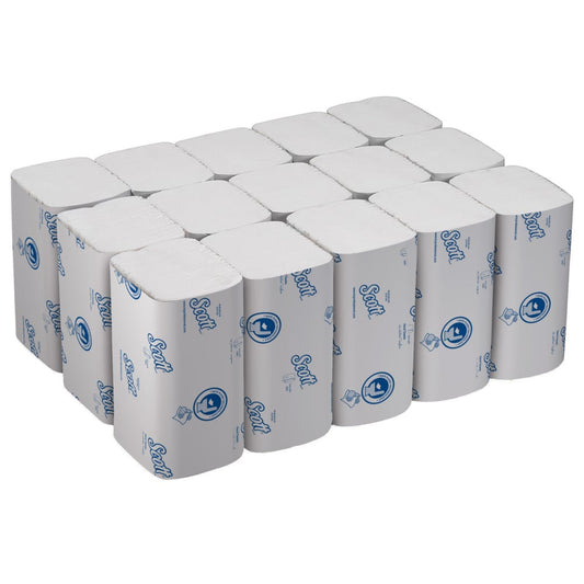 Ein Karton mit 15 Packungen Scott® Control™ Herunterspülbare Falthandtücher (weiß, 322 Blatt pro Packung) von Kimberly-Clark GmbH, entwickelt für hygienisches und sanitäres Händetrocknen.