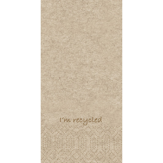 Ein beigefarbener, strukturierter Hintergrund mit dem Schriftzug "I'm recycled" in brauner Schrift nahe der unteren Mitte und einem dezenten Punktmuster darunter, perfekt zur Präsentation von Duni GmbH Zellt.-Serv.33x33 2lg 1/8KF - Recycelte Papierservietten | Packung (300 Stück).