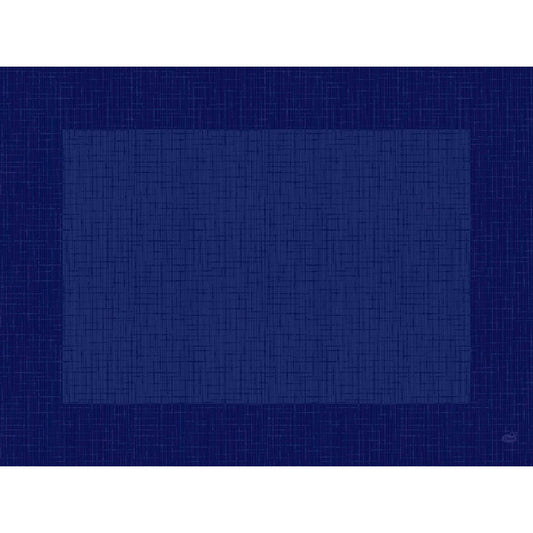 Das Bio-Dunicel-Sets 30x40 Linnea dunkelblau von Duni GmbH ist ein rechteckiges blaues Tischset mit einem strukturierten Kreuzschraffurmuster und dunklerem Rand, hergestellt aus biologisch abbaubarem Material - ideal für stilvolle Tischdekoration.