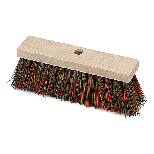 Der Nölle Profi Brush Straßenbesen Bahia/Elaston, 32,5 cm, Sattelholz Besenkopf von Nölle Profi Brush Bürsten- & Pinseltechnik e.K. hat steife braune und rote Borsten und ein zentrales Loch zur Stielbefestigung, abgebildet auf weißem Grund.