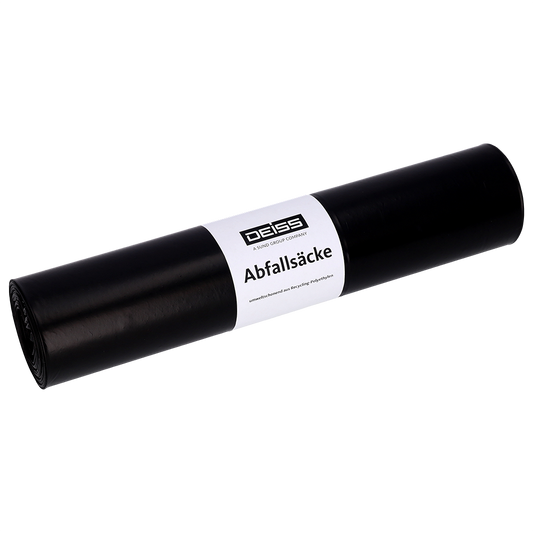 Eine schwarze Rolle DEISS 25702 Abfallsäcke (575x1000x0,05 mm) von EMIL DEISS KG (GmbH + Co.), Packung mit 25 Stück, mit weißem Etikett mit der Aufschrift "Abfallsäcke". Einfarbig heller Hintergrund.