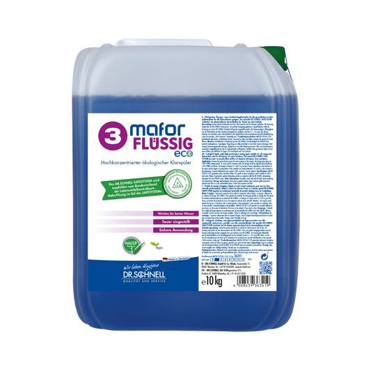 Ein 10-kg-Kunststoffbehälter von Dr. Schnell MAFOR FLÜSSIG 3 ECO Klarspüler für Geschirrspülmaschinen (DR.SCHNELL GmbH & Co. KGaA) mit violetter Flüssigkeit, weißem Etikett, blauer Schrift, Anwendungshinweisen und Zertifizierungslogos.