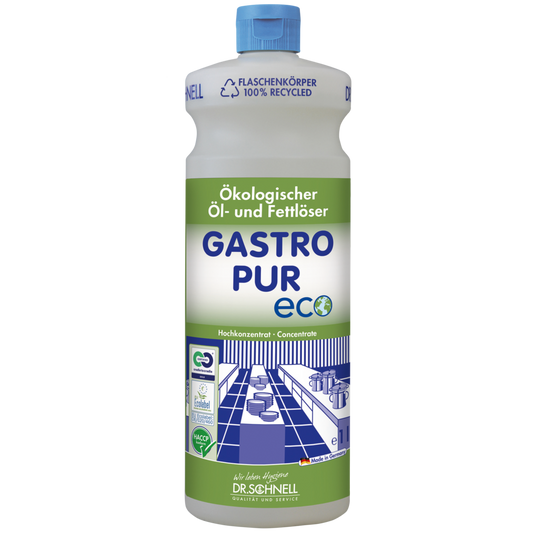 Eine Flasche Dr. Schnell GASTRO PUR ECO Öl- und Fettlöser für Oberflächen von DR.SCHNELL GmbH & Co. KGaA ist mit grünem und blauem Etikett, blauem Verschluss, Recyclingsymbolen, deutschem Text und einer Illustration aus der Großküche versehen.