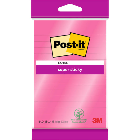 Eine Einzelpackung Post-it® Super Sticky Notes im Großformat, Pink, liniert (101 mm x 152 mm, 45 Blatt), von 3M Deutschland GmbH. Enthält Post-it Logo, "super sticky" Label und 3M-Logo unten rechts. PEFC-zertifiziert.
