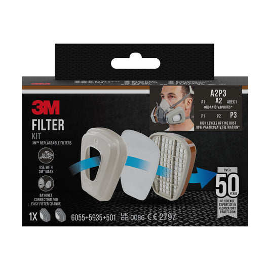 Der 3M™ Filtersatz 6003-1SP, A2P3 organische Dämpfe (2x6055, 2x5935, 2x501) von 3M Deutschland GmbH bietet austauschbare Filter für Atemschutzmasken, Details zur Kompatibilität und Filtrationsraten für organische Dämpfe.