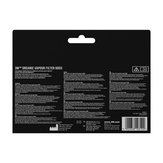 Rückansicht einer 3M™ Filtersatz 6004-1SP ABEK1P3 Kombinationsfilter (2x6059, 2x5935, 2x501) von 3M Deutschland GmbH Verpackung mit Produktinfo, Anleitung, Sicherheitssymbolen & Barcode. Geeignet für Atemschutz auf schwarzem Hintergrund.