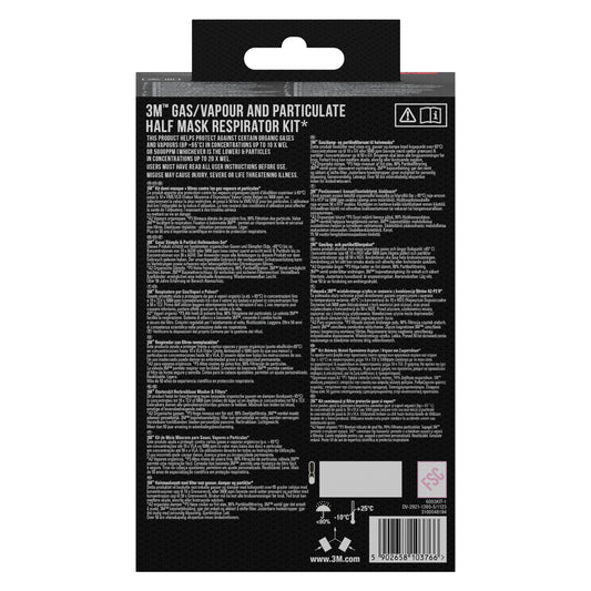 Rückansicht eines 3M Deutschland GmbH Filtersatzes 6003-1SP, A2P3 Halbmasken-Set mit detaillierten Informationen zu organischen Dämpfen, Gebrauchsanweisungen, Warnhinweisen und Symbolen in weiß auf schwarz. Enthält 2x6055, 2x5935, 2x501 Filter.