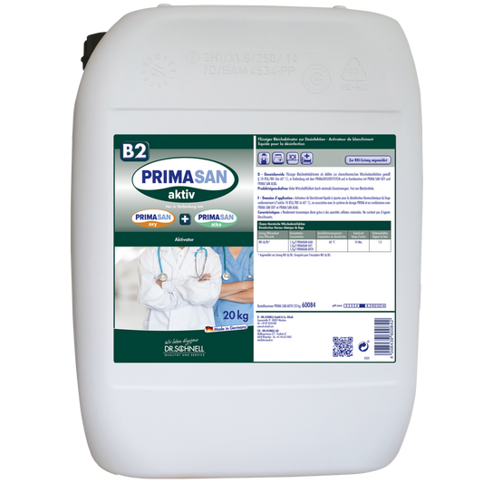 Ein weißer 20 kg Kunststoffbehälter mit der Aufschrift "Dr. Schnell PRIMA SAN AKTIV" der DR.SCHNELL GmbH & Co. KGaA, mit einem detaillierten Produktetikett mit Text, Tabellen und Bildern von medizinischen Fachkräften für die Verwendung von Desinfektionsmitteln.