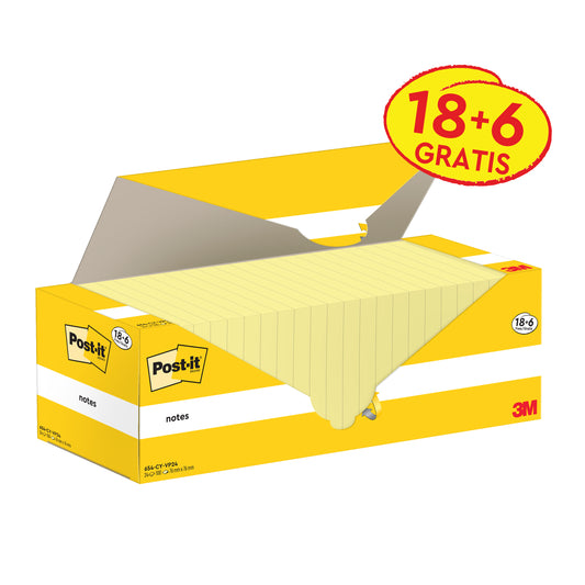 Eine gelbe Schachtel Post-it® Notes (76 mm x 76 mm, 100 Blatt/Block, 100% PEFC) der 3M Deutschland GmbH ist teilweise geöffnet und zeigt den Inhalt. Die Verpackung ist mit einem "18+6 GRATIS"-Etikett und dem 3M-Logo in der rechten unteren Ecke versehen.