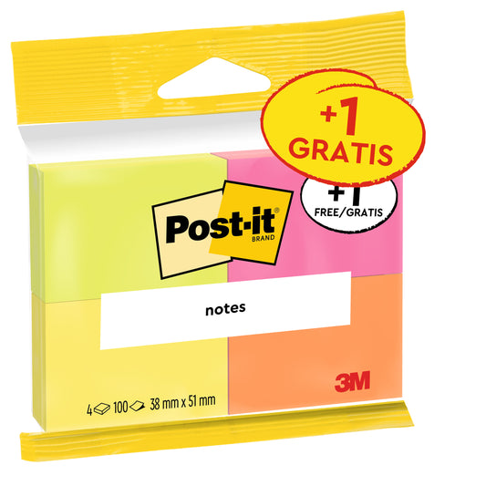 Eine Packung Post-it® Notes (3M Deutschland GmbH) in sortierten Neonfarben, 38 mm x 51 mm, 100 Blatt pro Block, 3 Blöcke +1 gratis pro Packung. PEFC-zertifiziertes Produkt SGSCH-PEFC-COC-110078. "3 Blöcke + 1 Gratis.