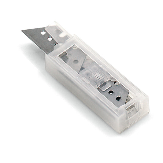 Der Nölle Profi Brush Trapez Dispenser mit 10 Ersatzklingen für Präzision (1 Stück) von Nölle Profi Brush Bürsten- & Pinseltechnik e.K. verfügt über ein durchsichtiges Gehäuse mit einer teilweise ausgefahrenen Dreikantklinge für präzises Schneiden.