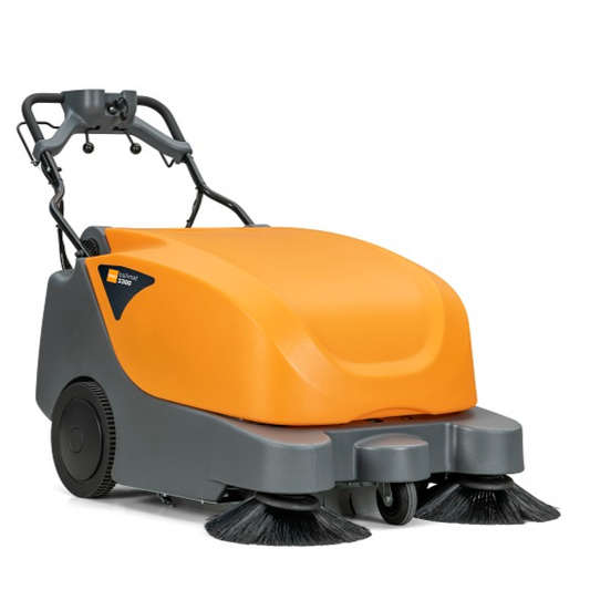 Der TASKI balimat 3300 RTU von Diversey ist eine handgeführte Kehrsaugmaschine mit 2 Walzenbürsten, 2 Seitenbesen, Batterien und Ladegerät - ideal zur täglichen Reinigung mittlerer bis großer Flächen im Innen- und Außenbereich.