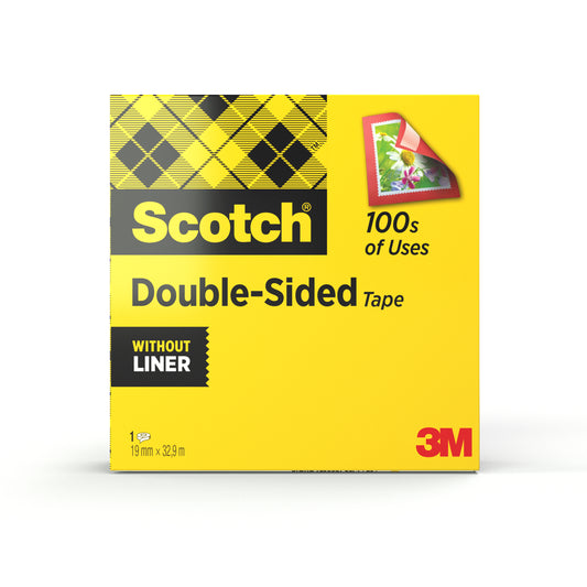 Eine gelbe Schachtel Scotch® doppelseitiges Klebeband (1 Rolle, 19 mm x 33 m) der 3M Deutschland GmbH ist kariert, mit "100s of Uses", "Without Liner" und einem kleinen Foto einer Blume.