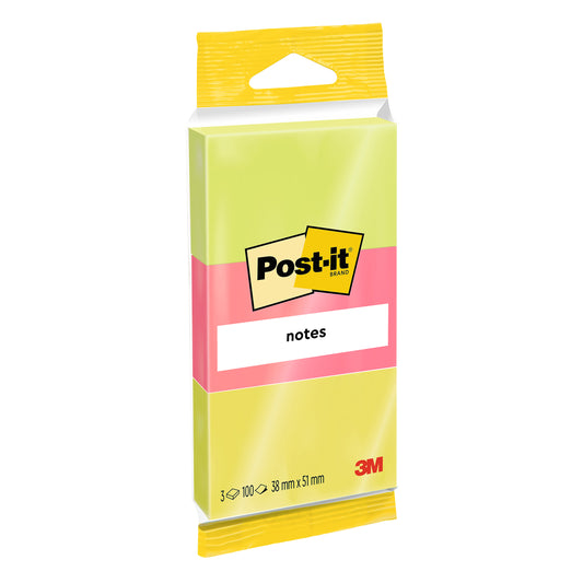 Eine Packung 3M Deutschland GmbH Post-it® Notes in verschiedenen Neonfarben, 38 x 51 mm, 100 Blatt pro Block, 3 Blöcke pro Packung, PEFC-zertifiziert (SGSCH-PEFC-COC-110078), ideal für Notizen und Erinnerungen.