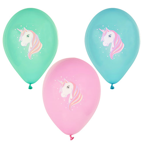 PAPSTAR 6 Luftballons farbig sortiert Ø 29 cm von PAPSTAR GmbH: Enthält grüne, blaue und rosa Luftballons, jeweils mit einem weißen Einhorn mit pastellfarbener Regenbogenmähne und weißen Sternen um den Kopf.
