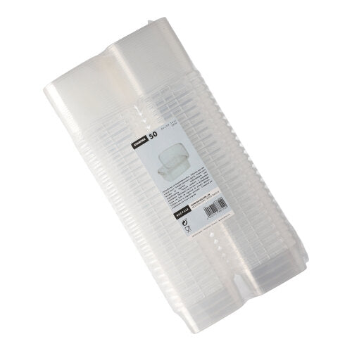 Eine versiegelte Packung mit 50 Starpak Feinkostbechern, durchsichtigen rechteckigen Einwegbechern aus PP mit Originalitätsverschluss zur Sicherheit und einem Etikett auf der Vorderseite, das die Marke Starpak und Produktdetails zeigt.
