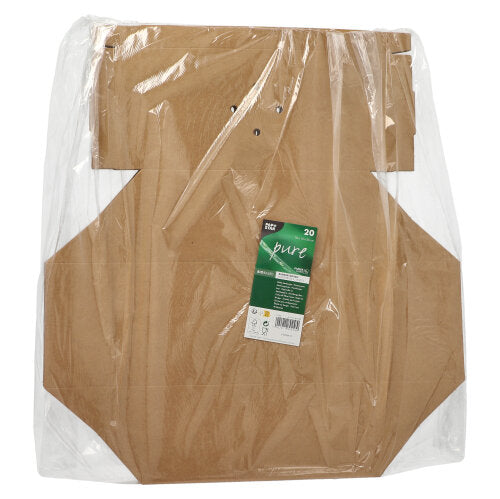 Ein Stapel flacher, brauner PAPSTAR 20 Burgerboxen, Pappe „pure“ der PAPSTAR GmbH ist in Klarsichtfolie eingewickelt und trägt auf der Vorderseite ein grün-weißes Etikett mit Produktinformationen.