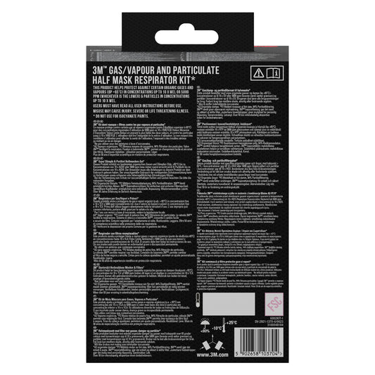 Die Rückseite der 3M™ Filtersatz 6002-1SP, A2P2-Verpackung von 3M Deutschland GmbH zeigt Produktinfos, Gebrauchsanweisungen, Warnhinweise, Barcode und Zertifizierungslogos in weiß auf schwarz. Enthält Filter für organische Dämpfe (2x6055, 2x5925, 2x501).