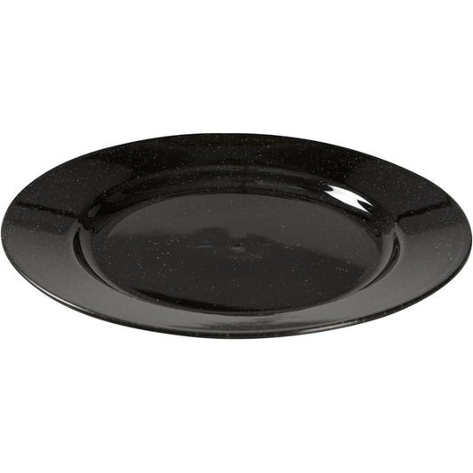 Der Mehrweg Teller, Schwarz von Abena Re-Seller GmbH ist ein runder, schwarz glänzender Teller mit dezent erhabenem Rand - eine umweltfreundliche Alternative für Ihren Tisch, dargestellt in schlichtem Design auf weißem Grund.