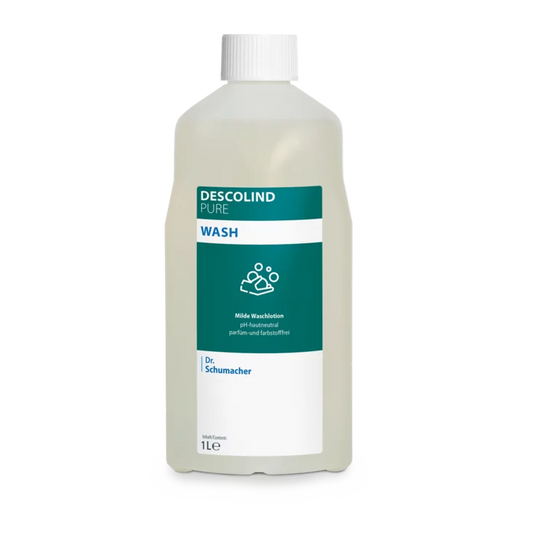 Dr. Schumacher Descolind Pure Wash Waschlotion der Dr. Schumacher GmbH in einer 1-Liter-Kunststoffflasche, pH-neutral und parfümfrei für empfindliche Haut, mit weißer Kappe und grün-weißem Etikett mit Produktinformation und Handwaschsymbol.