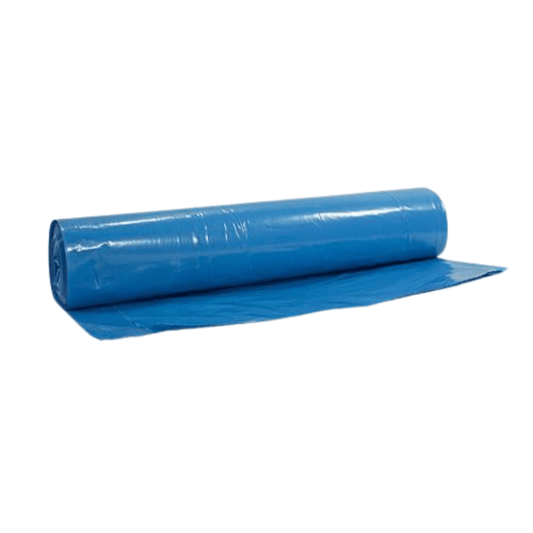 Eine teilweise abgerollte Rolle blauer Kunststofffolien aus dem Auslaufartikel der AMPri Handelsgesellschaft mbH: AMPri Müllbeutel Clean-Comfort 70 Liter (Packung mit 100 Stück) ist auf weißem Hintergrund abgebildet, ideal für den Einsatz in hygienischen Müllbeutelanwendungen.