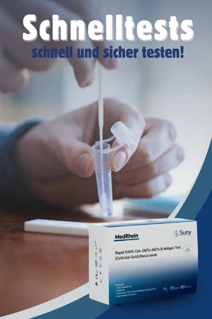 Eine Person führt einen Schnelltest durch und tropft Flüssigkeit mit einer Pipette in ein Reagenzröhrchen. Im Vordergrund ist eine Verpackung des MedRhein Rapid SARS-CoV-2/Influenza A/B Antigen Tests von Suny zu sehen. Darüber steht der Text: „Schnelltests – schnell und sicher testen!“. Der Hintergrund ist in Blautönen gestaltet.
