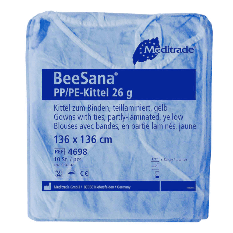 Siniseen pakkaukseen pakattu Meditrade BeeSana® PP/PE-suojatakki, 26 g, 10 kpl:n pakkaus, jossa on teksti, joka sisältää tuotetiedot, kuten materiaalin, värin, koon ja pakkausmäärän. Tämä suojatakki on suunniteltu suojaamaan.