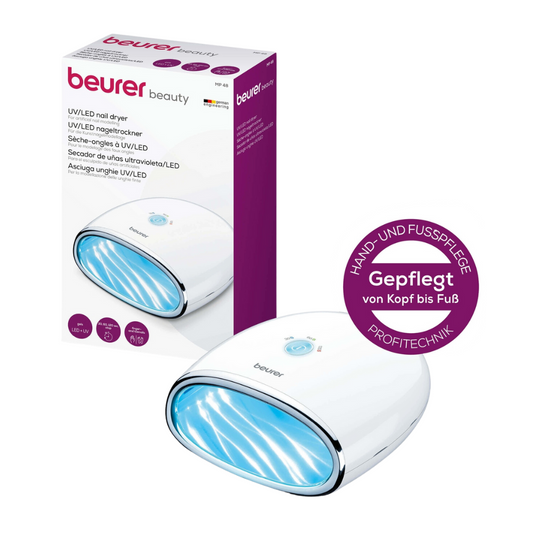 Der Auslaufartikel Beurer MP 48 LED/UV-Nageltrockner von Beurer GmbH steht neben seiner Verpackung. Die Nagellampe eignet sich für Hand- und Fußpflege sowie Kunstnagelmodellage. Auf der Box sind Details und Branding in Deutsch abgebildet.
