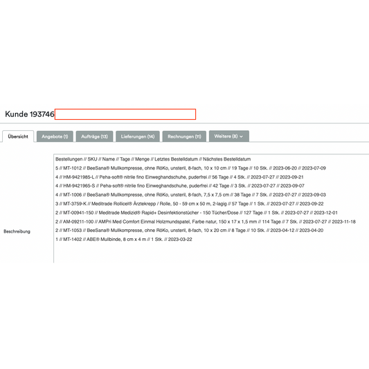 Ein Screenshot, der eine Altruan ClientView Orders-Schnittstelle mit verschiedenen Registerkarten wie „Übersicht“, „Angebote“ und mehr zeigt. Ganz oben ist die Kundennummer 193746 hervorgehoben. Der folgende Abschnitt zeigt die Weclapp-Kundenübersicht nach gekauften Produkten.
