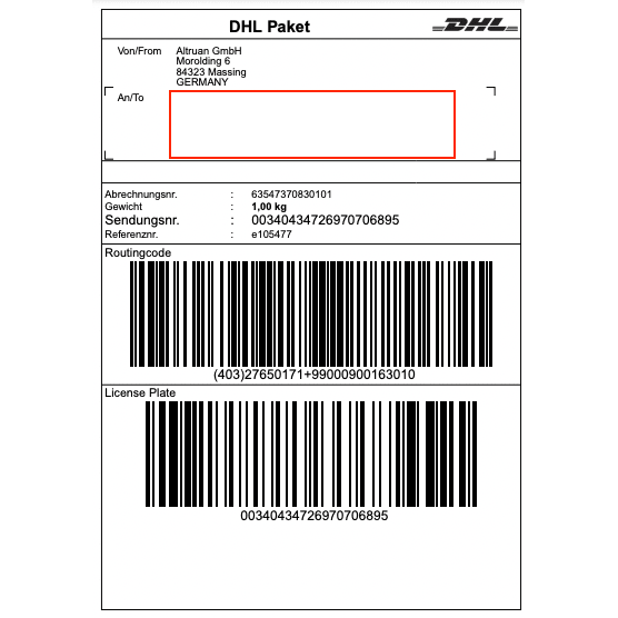Altruan GmbH:n DHL-etiketti (Morolding 6, 84323 Massing, Saksa), joka sisältää viivakoodeja ja painon 1,00 kg seurantanumerolla 00340434276970706895. Vastaanottajan osoite on tyhjä päivityksiä varten PackMaster-sovelluksen kautta: Weclapp Logistiikka Packing -sovellus parantaa lähetysmerkintöjen tehokkuutta.