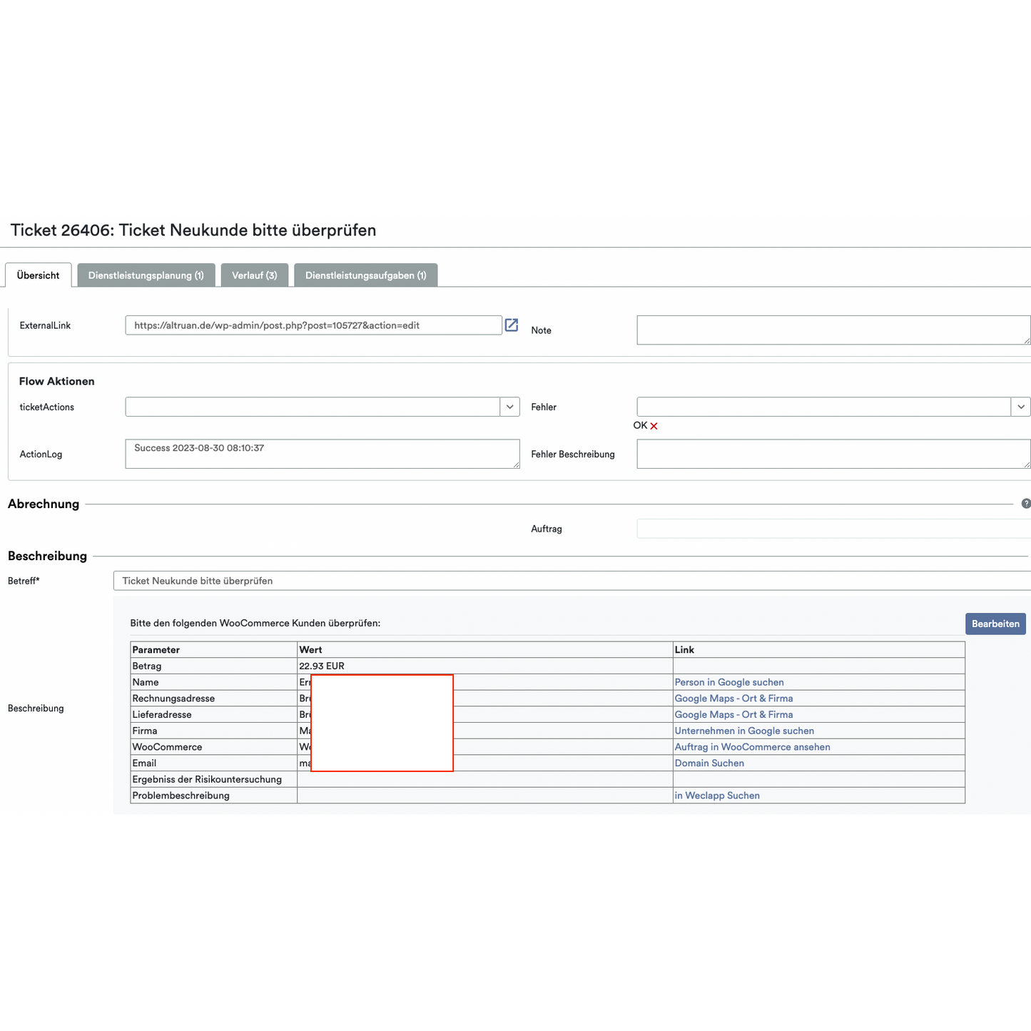 Kuvakaappaus pilvipalvelun lippujärjestelmän käyttöliittymästä, jossa näkyy kenttiä kuten ”Lipun yksityiskohdat”, ”Päiväkirja” ja ”Asiakas”, sisältäen tietoja transaktiosta, mukaan lukien artikkelikustannukset, korostettuna punaisella kentällä. Altruanin OrderGuardian on käytössä.