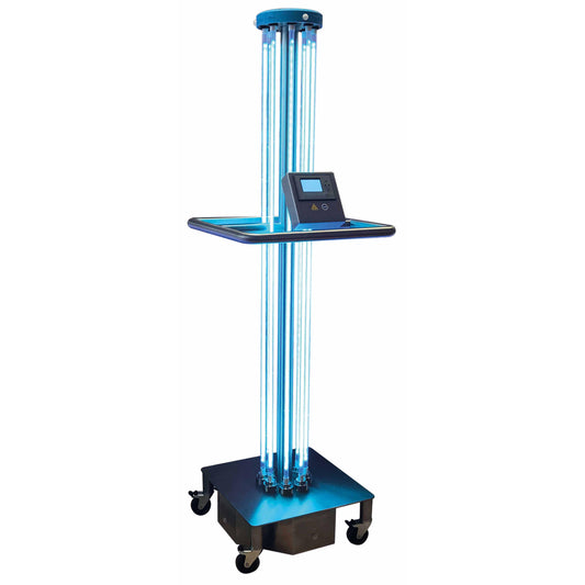 Das Novocal Mobiles 360°-Entkeimungsgerät mit UV-C-Technologie sterilisiert Oberflächen und desinfiziert Luft im Gesundheitswesen oder in öffentlichen Räumen; es verfügt über vertikale UV-C-Lampen, ein Bedienfeld, vier Lenkrollen und eine Sensorreichweite von 4,2 Metern.