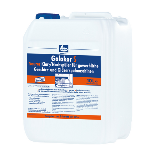10-Liter-Kanister aus weißem Kunststoff mit Dr. Becher Galakor S Klar-/Nachspüler für gewerbliche Spülmaschinen und Gläserspüler der Dr. Becher GmbH, mit blauer und oranger Etikettengrafik und einem Griff an der Oberseite.