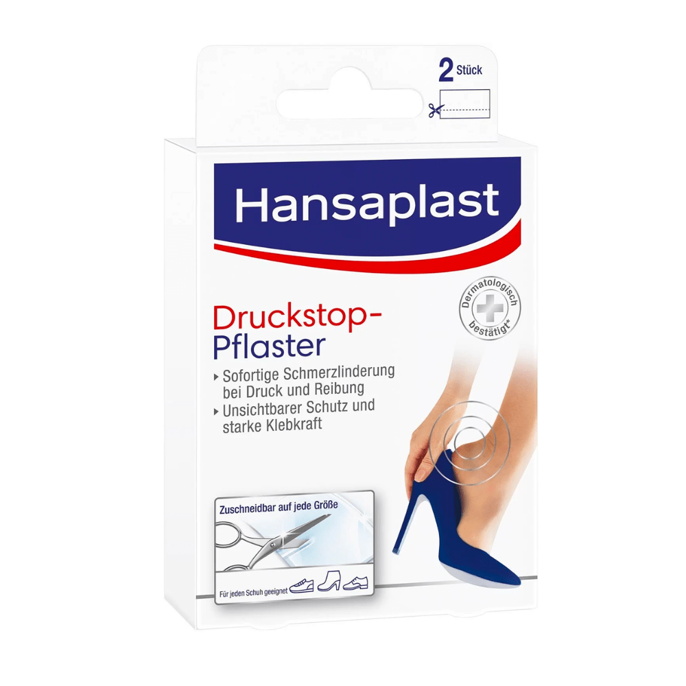 Hansaplastin paineenlievityslaastarin pakkaus Beiersdorf AG:lta, jossa on kuva naisen jalasta korkokengissä, ja joka lupaa lievitystä painokipuihin. Teksti on saksaksi ja korostaa suojapolsteria.