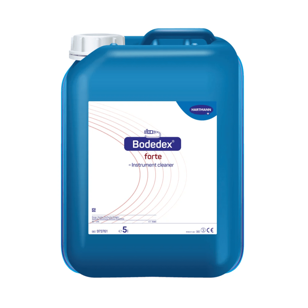 Sininen muovikanisteri, jossa on teksti ”Hartmann Bodedex® forte Instrumenten-Reiniger” (valmistaja Paul Hartmann AG), täyttötason merkintä ja monikieliset tuotekuvaukset.