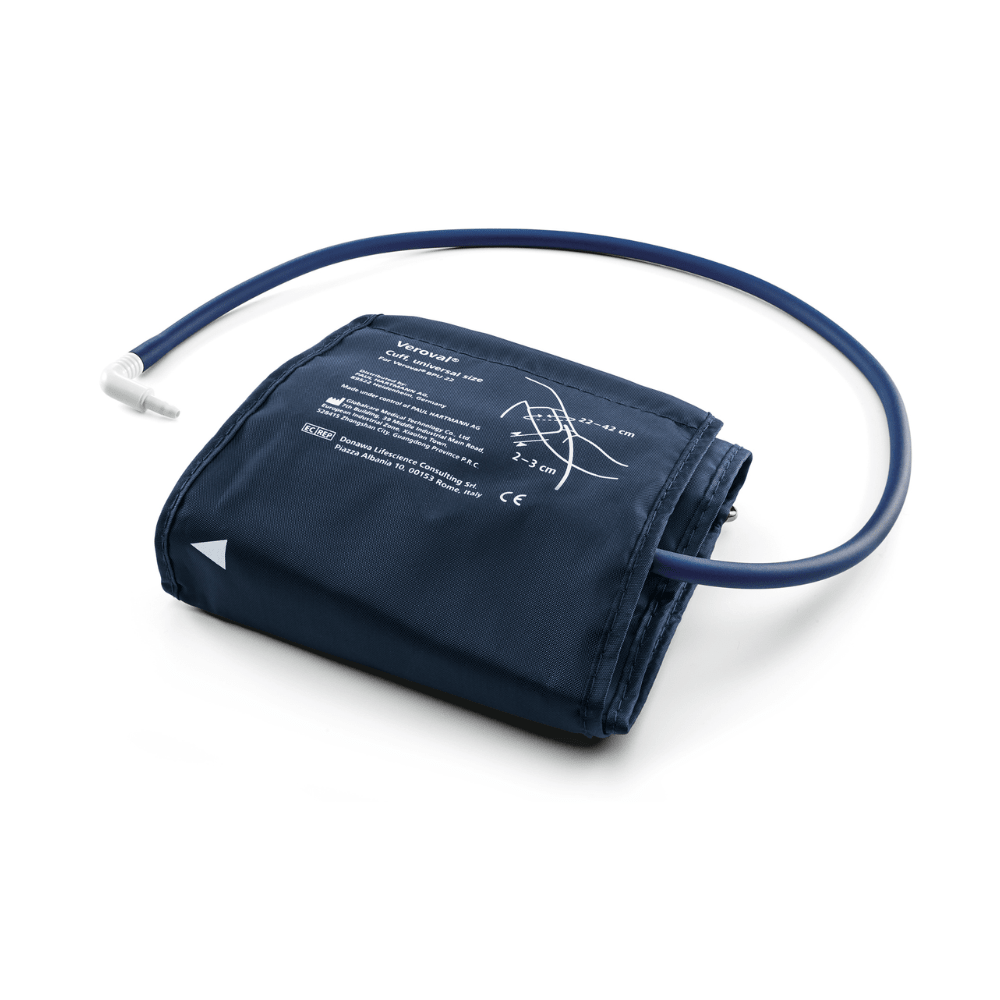 Hartmann Veroval® Compact -olkavarren verenpainemittari Paul Hartmann AG:lta, jossa on sininen nailonhihna ja liitetty kumiletku, asetettuna valkoiselle taustalle, hihnassa näkyvät painetut ohjeet.