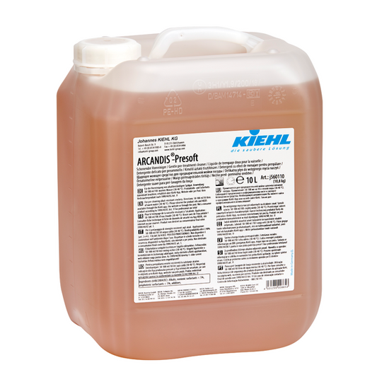 Ein 10-Liter-Kanister Kiehl ARCANDIS-Presoft Schonender Vorreiniger der Johannes Kiehl KG, mit weißem Schraubverschluss und einem großen mehrsprachigen Etikett mit Produkt- und Sicherheitsinformationen. Die Marke Kiehl ist auf dem Etikett gut sichtbar abgebildet.